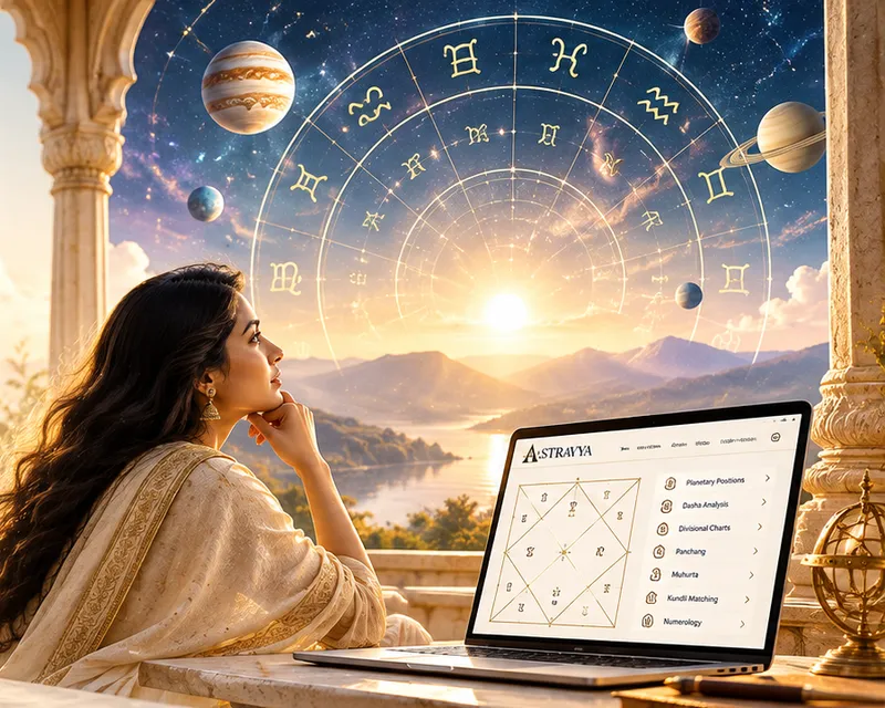 A woman gazes at a celestial zodiac sky beside a laptop showing a Vedic birth chart.