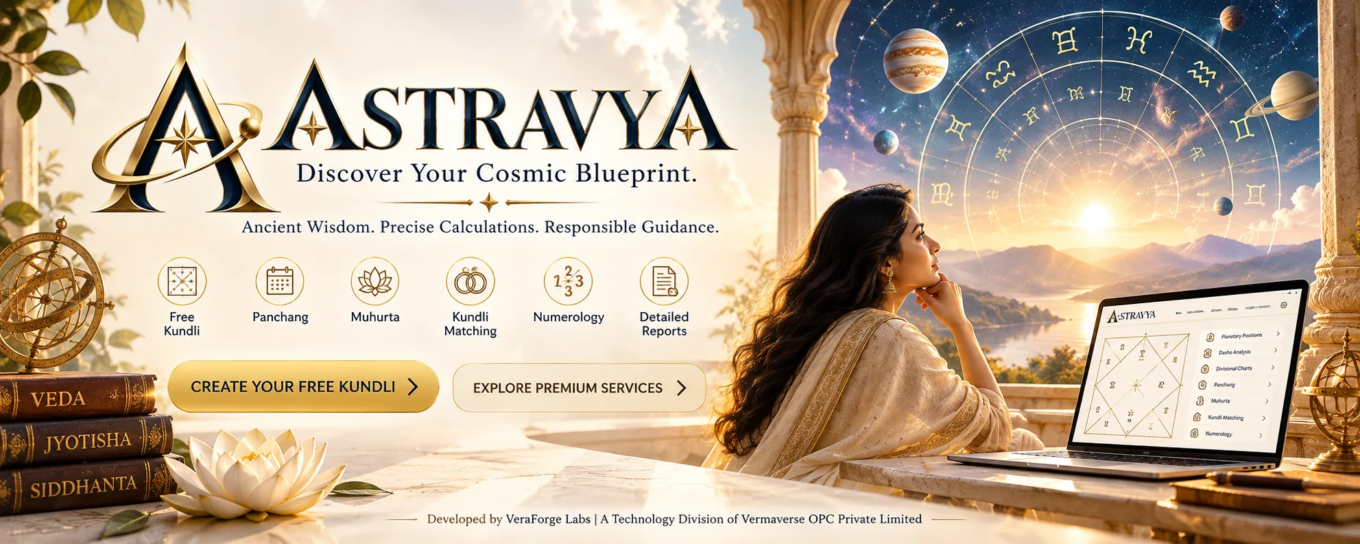 ASTRAVYA — Discover Your Cosmic Blueprint. A woman gazes at a celestial zodiac sky beside a laptop showing a Vedic birth chart.